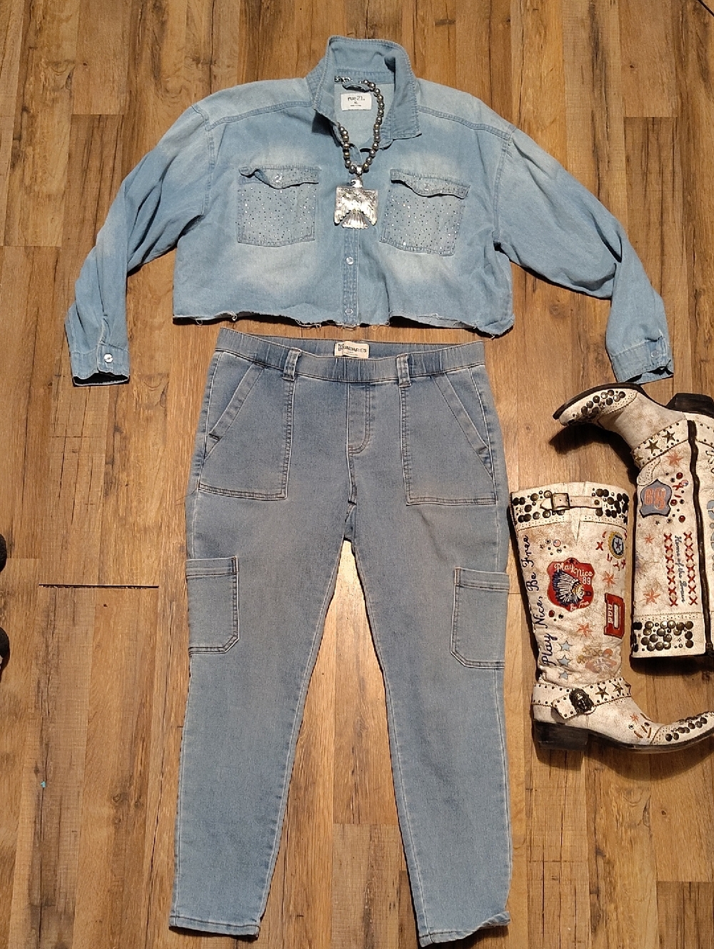 Rue21 Light Blue Crop Rhinestone Denim Shirt